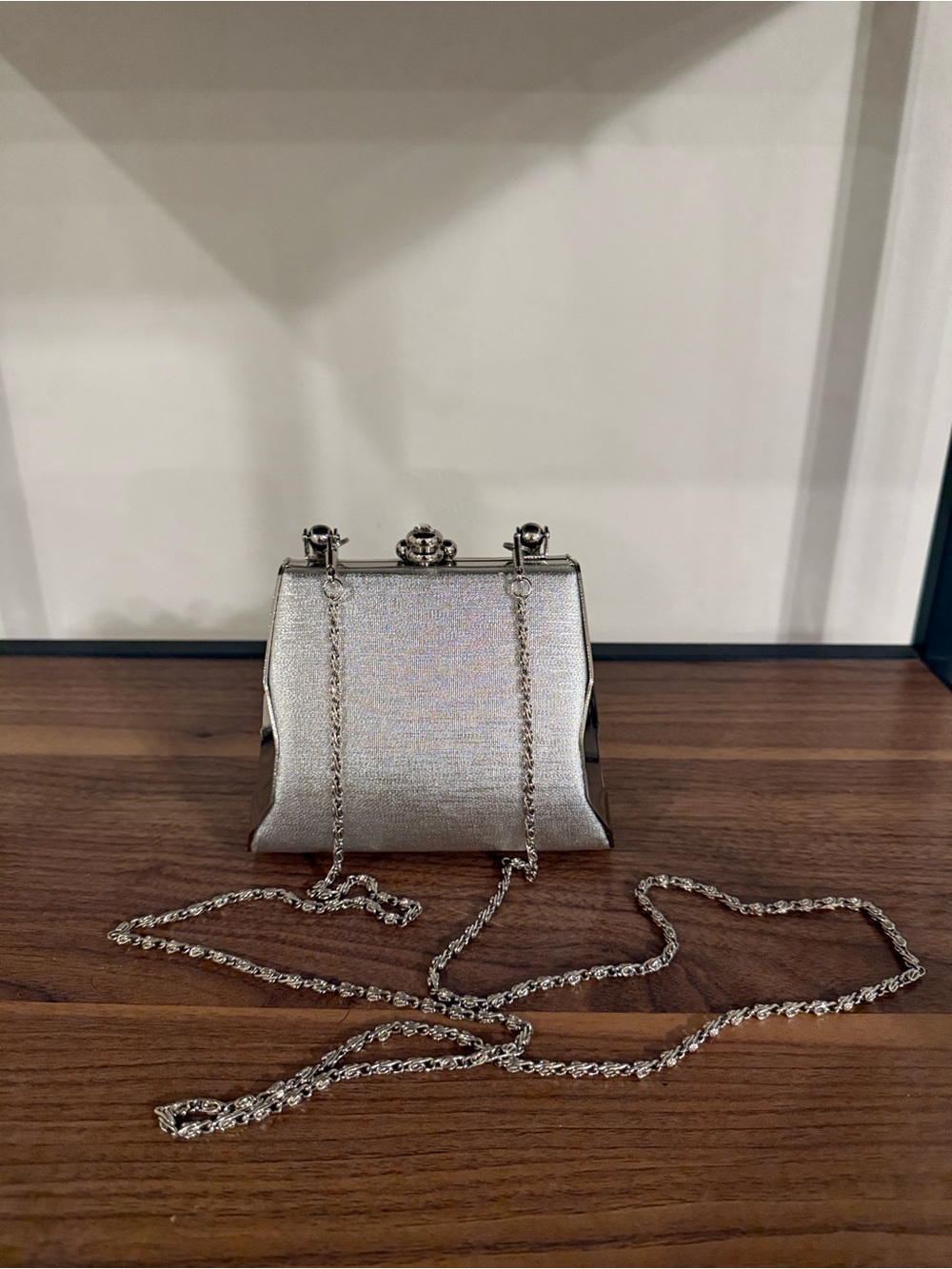 Silver Metallic Evening Bag Rhinestone Clasp Chain Strap Y2K Bridal Prom Purse